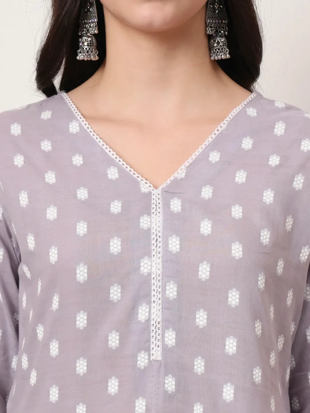 Lavender And White Cotton Straight Kurta Dupatta Set