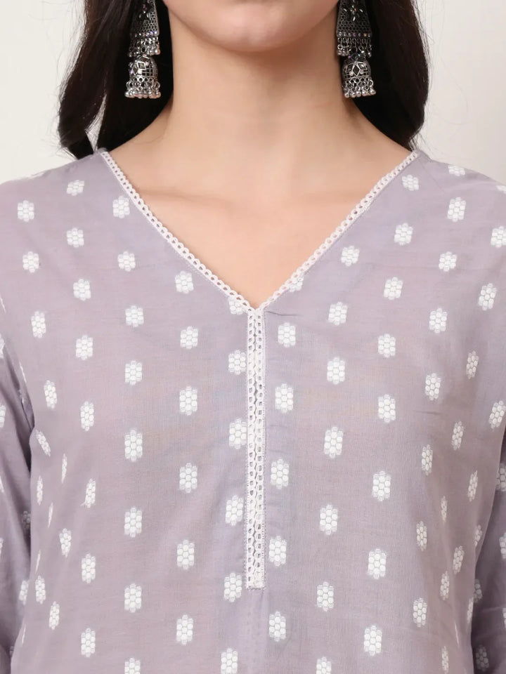 Lavender And White Cotton Straight Kurta Dupatta Set