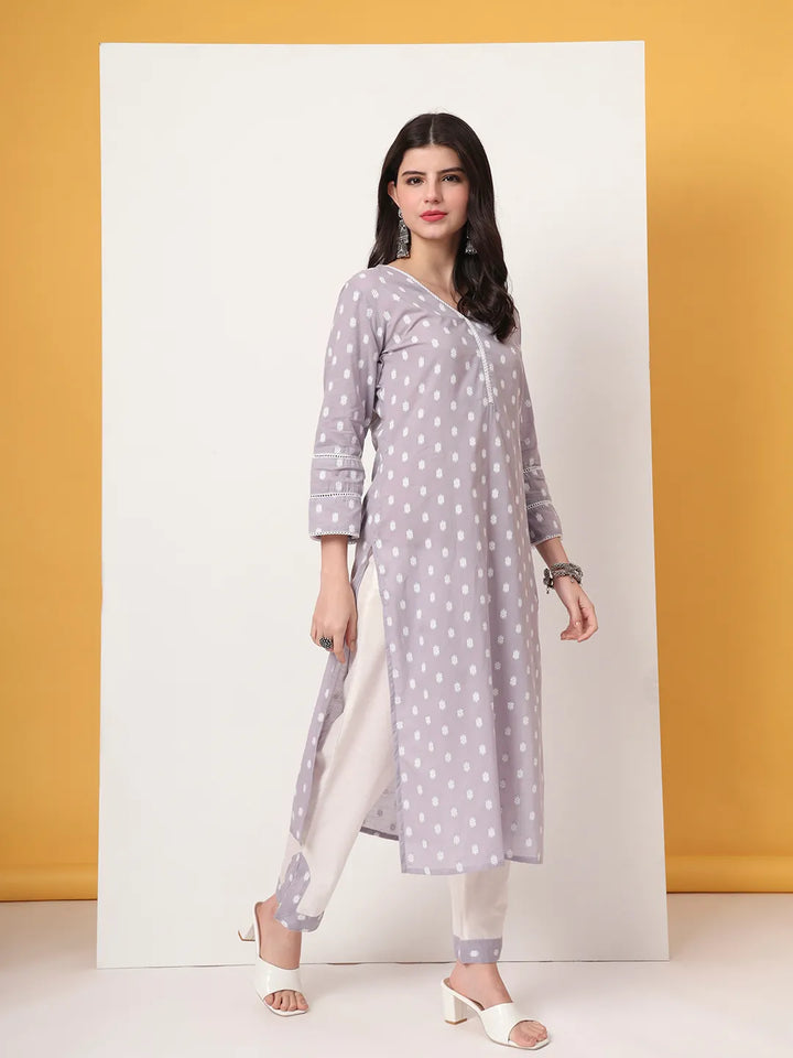 Lavender And White Cotton Straight Kurta Dupatta Set
