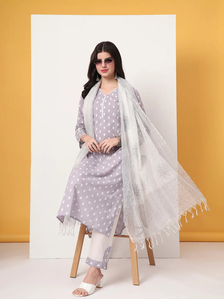 Lavender And White Cotton Straight Kurta Dupatta Set