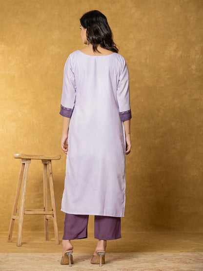Lavender And White Linen Kurta Dupatta Pant Set