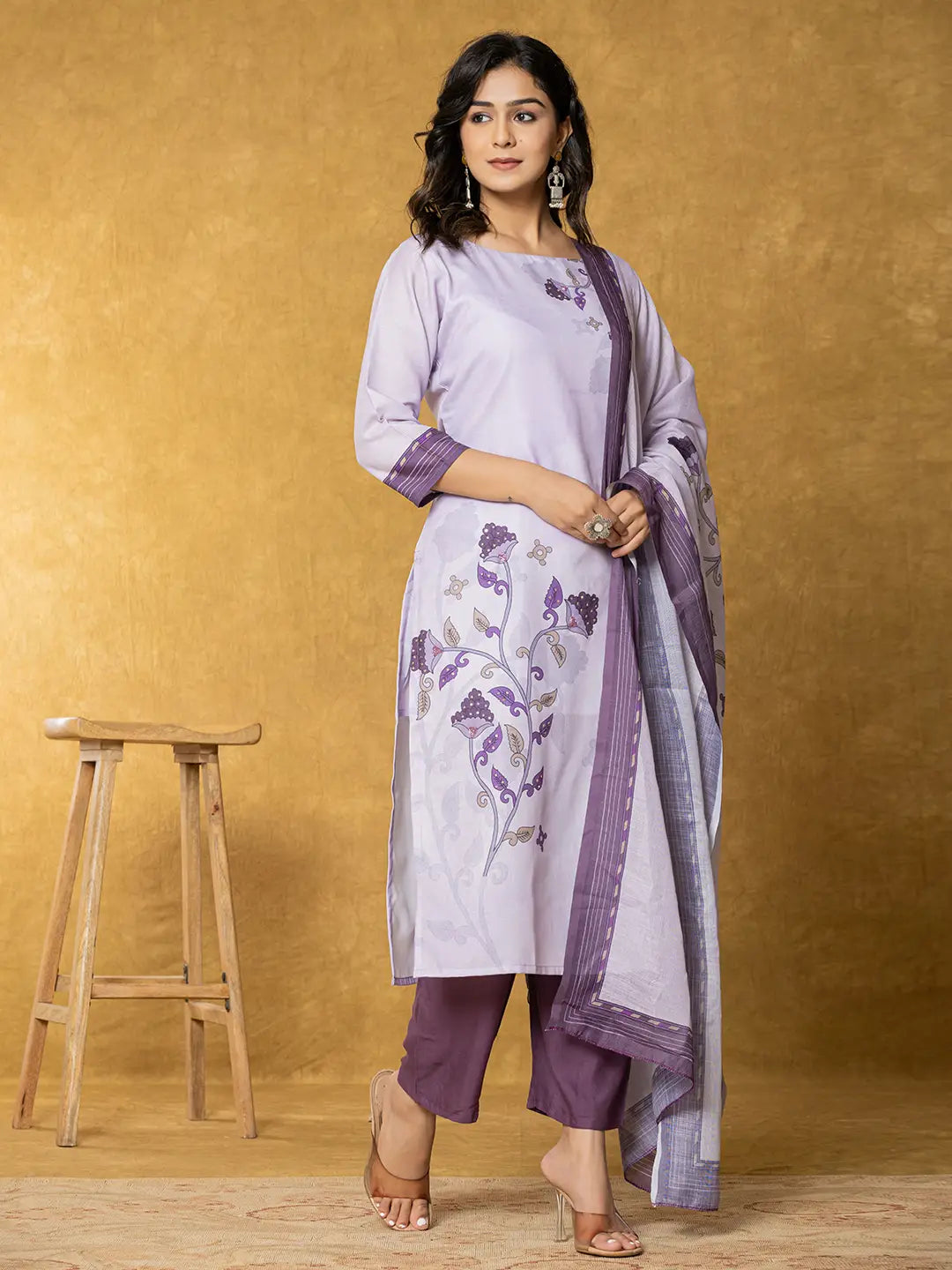Lavender And White Linen Kurta Dupatta Pant Set