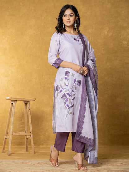 Lavender And White Linen Kurta Dupatta Pant Set