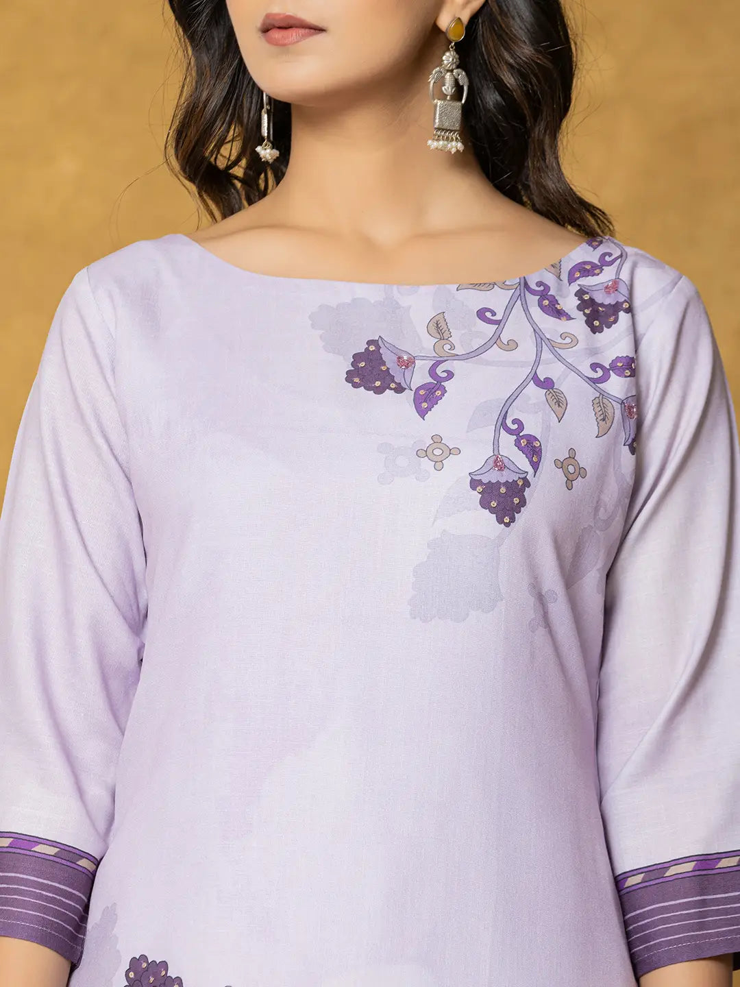 Lavender And White Linen Kurta Dupatta Pant Set