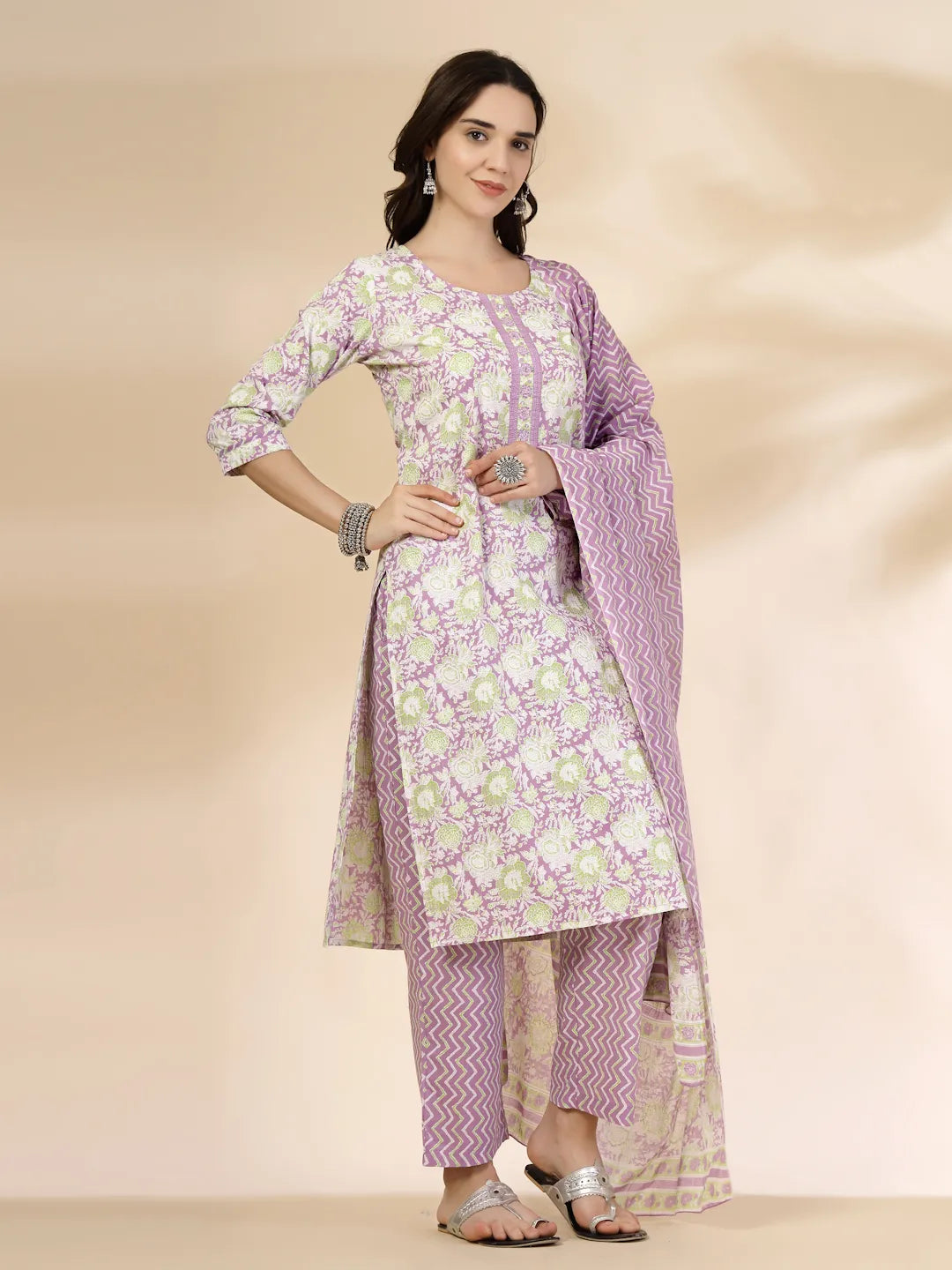 Lavender Floral Print Straight Kurta Trouser Dupatta Set