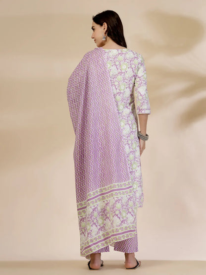 Lavender Floral Print Straight Kurta Trouser Dupatta Set