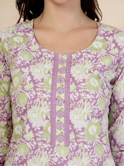 Lavender Floral Print Straight Kurta Trouser Dupatta Set