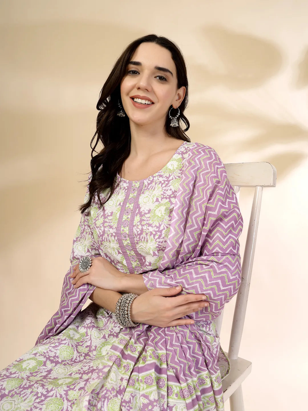 Lavender Floral Print Straight Kurta Trouser Dupatta Set