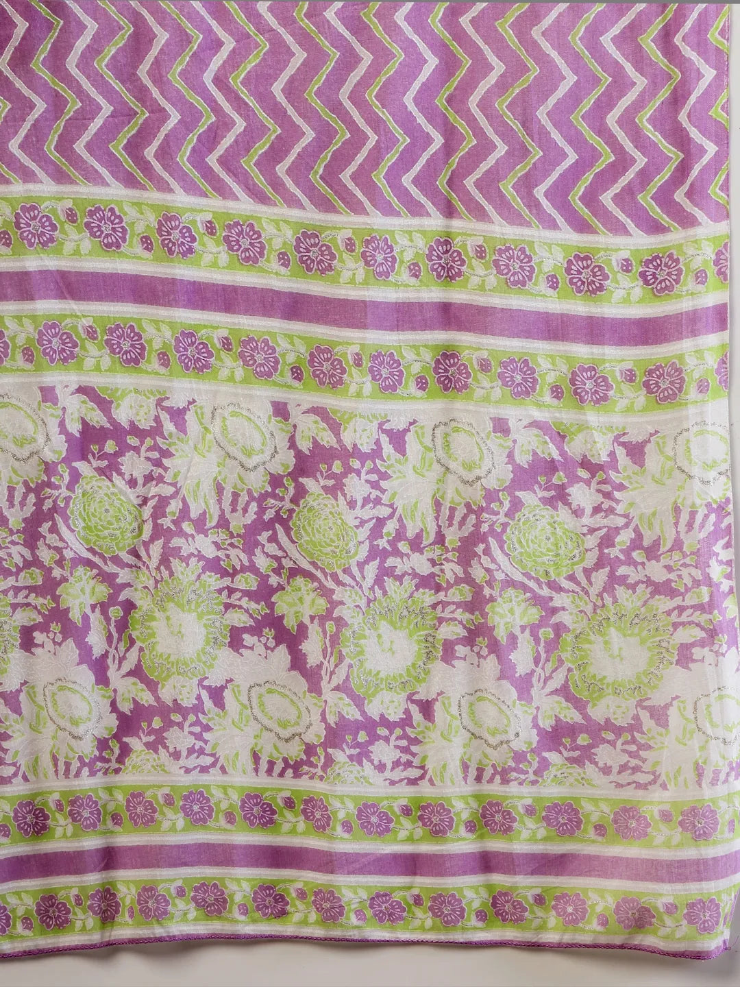 Lavender Floral Print Straight Kurta Trouser Dupatta Set