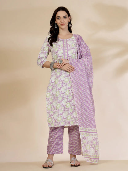 Lavender Floral Print Straight Kurta Trouser Dupatta Set