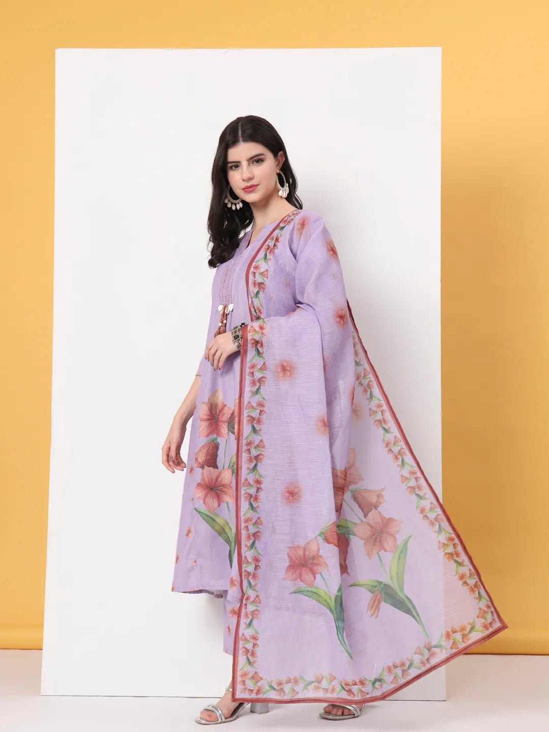 Lavender Linen Cotton A Line Kurta Dupatta Pant Set