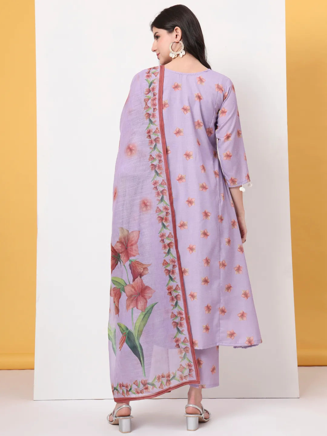 Lavender Linen Cotton A Line Kurta Dupatta Pant Set