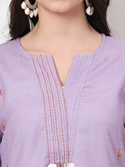 Lavender Linen Cotton A Line Kurta Dupatta Pant Set
