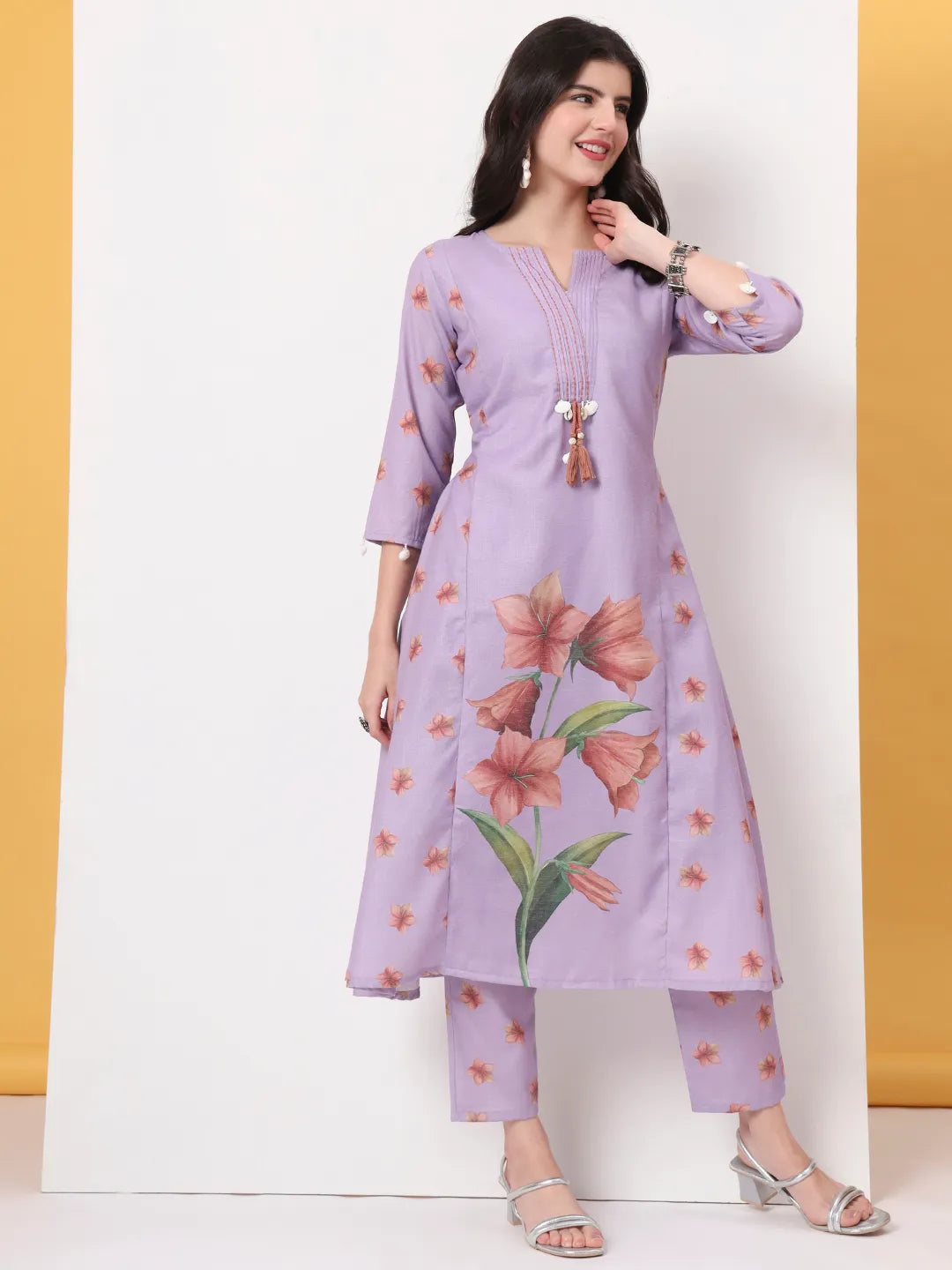 Lavender Linen Cotton A Line Kurta Dupatta Pant Set