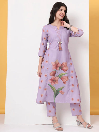 Lavender Linen Cotton A Line Kurta Dupatta Pant Set