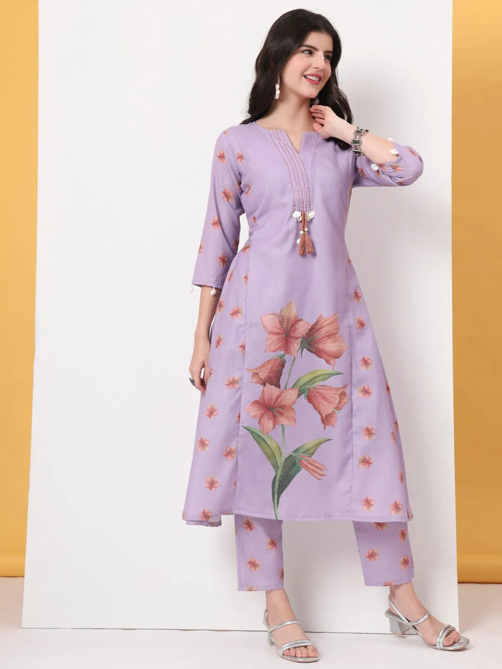 Lavender Linen Cotton A Line Kurta Dupatta Pant Set