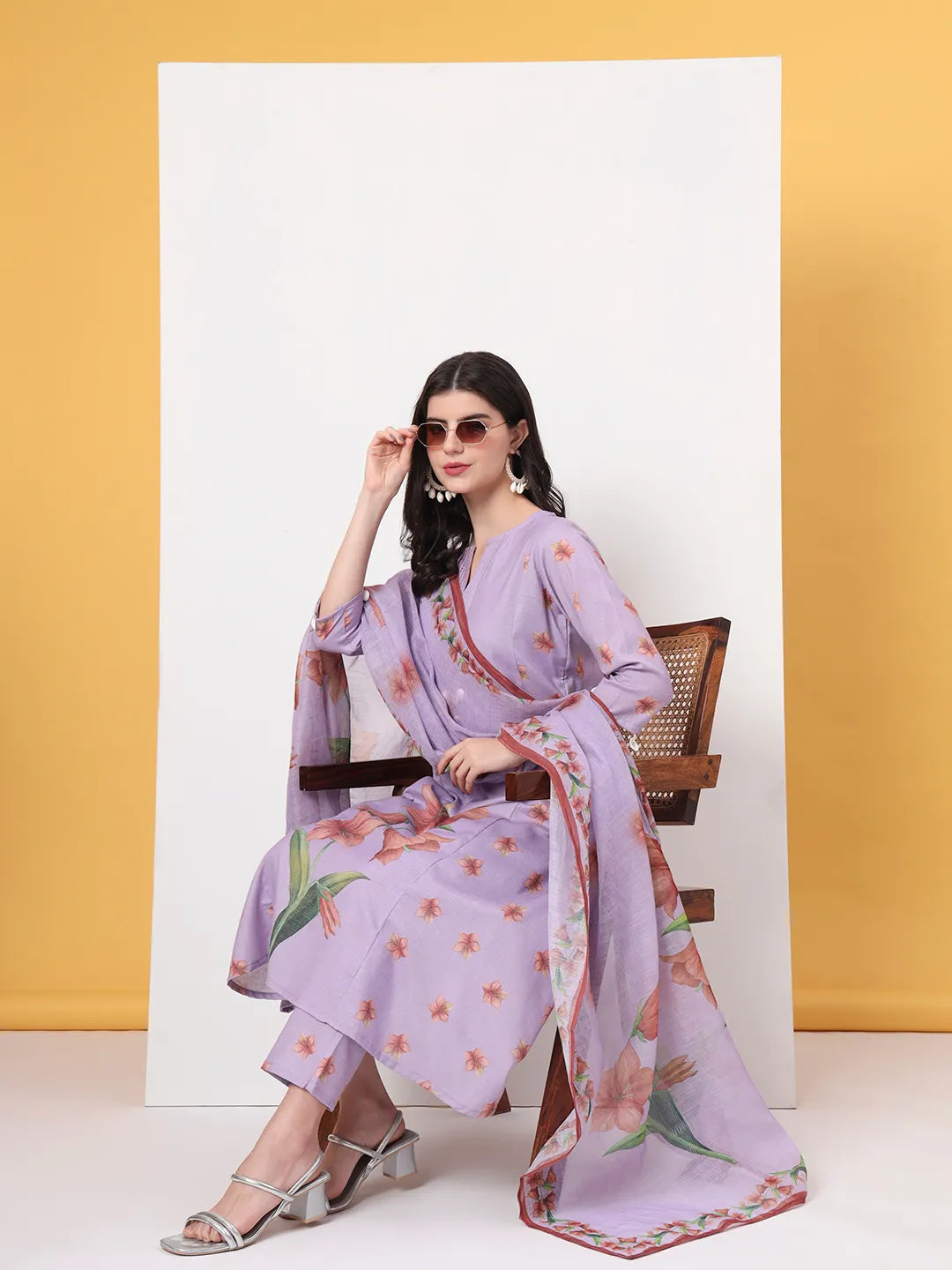 Lavender Linen Cotton A Line Kurta Dupatta Pant Set