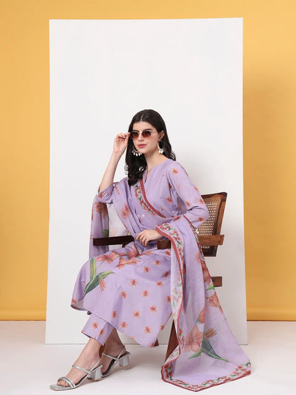 Lavender Linen Cotton A Line Kurta Dupatta Pant Set