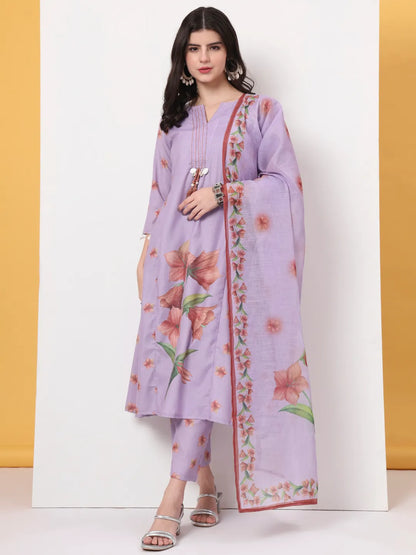Lavender Linen Cotton A Line Kurta Dupatta Pant Set