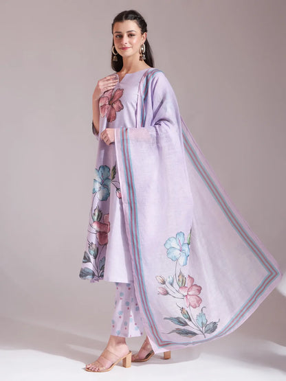 Lavender Linen Cotton Floral Sequins Work A-Line Kurta Dupatta Set