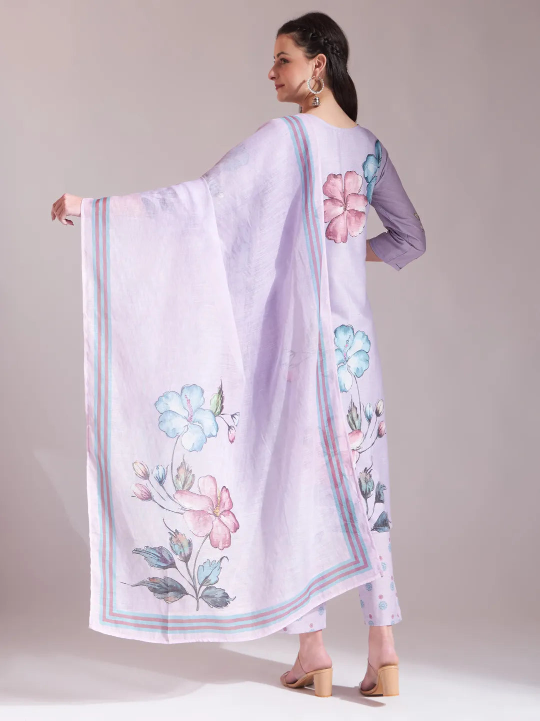 Lavender Linen Cotton Floral Sequins Work A-Line Kurta Dupatta Set