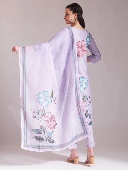 Lavender Linen Cotton Floral Sequins Work A-Line Kurta Dupatta Set