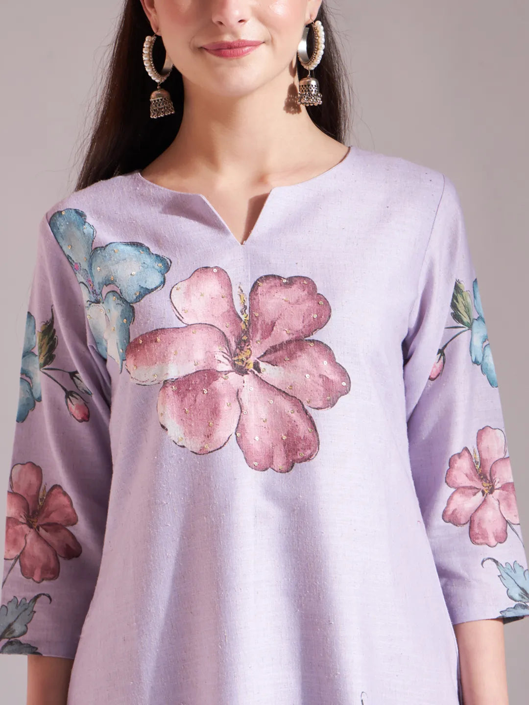 Lavender Linen Cotton Floral Sequins Work A-Line Kurta Dupatta Set