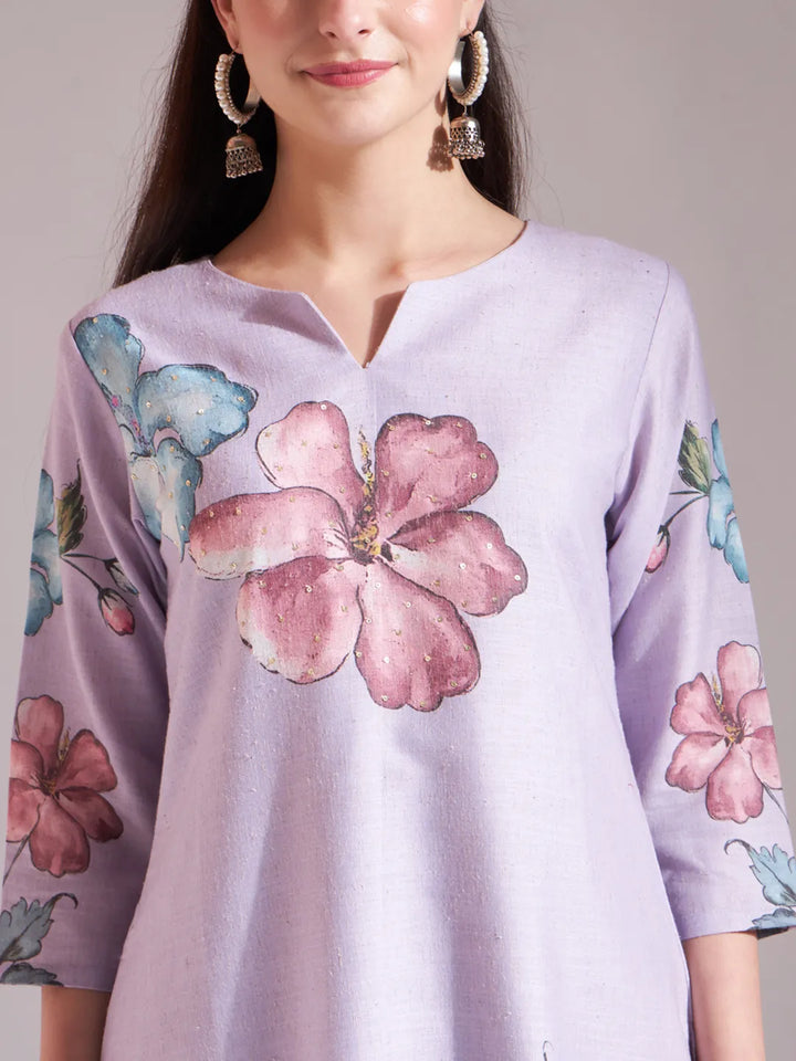 Lavender Linen Cotton Floral Sequins Work A-Line Kurta Dupatta Set