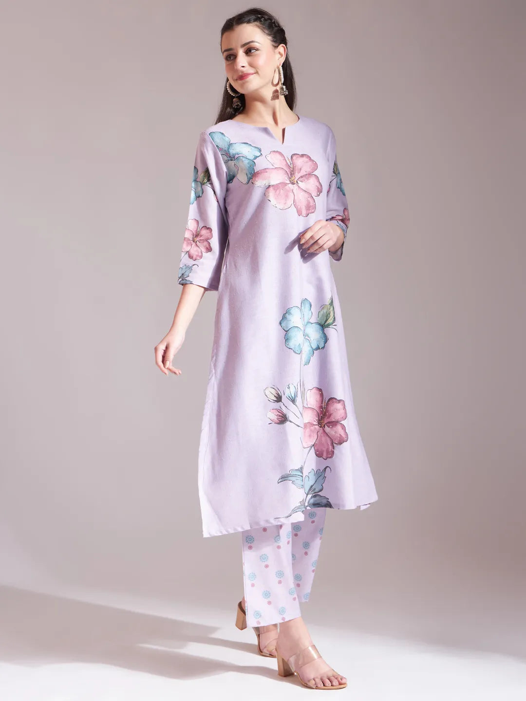 Lavender Linen Cotton Floral Sequins Work A-Line Kurta Dupatta Set