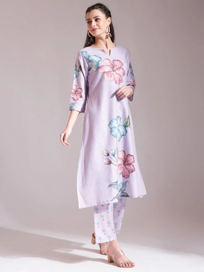 Lavender Linen Cotton Floral Sequins Work A-Line Kurta Dupatta Set