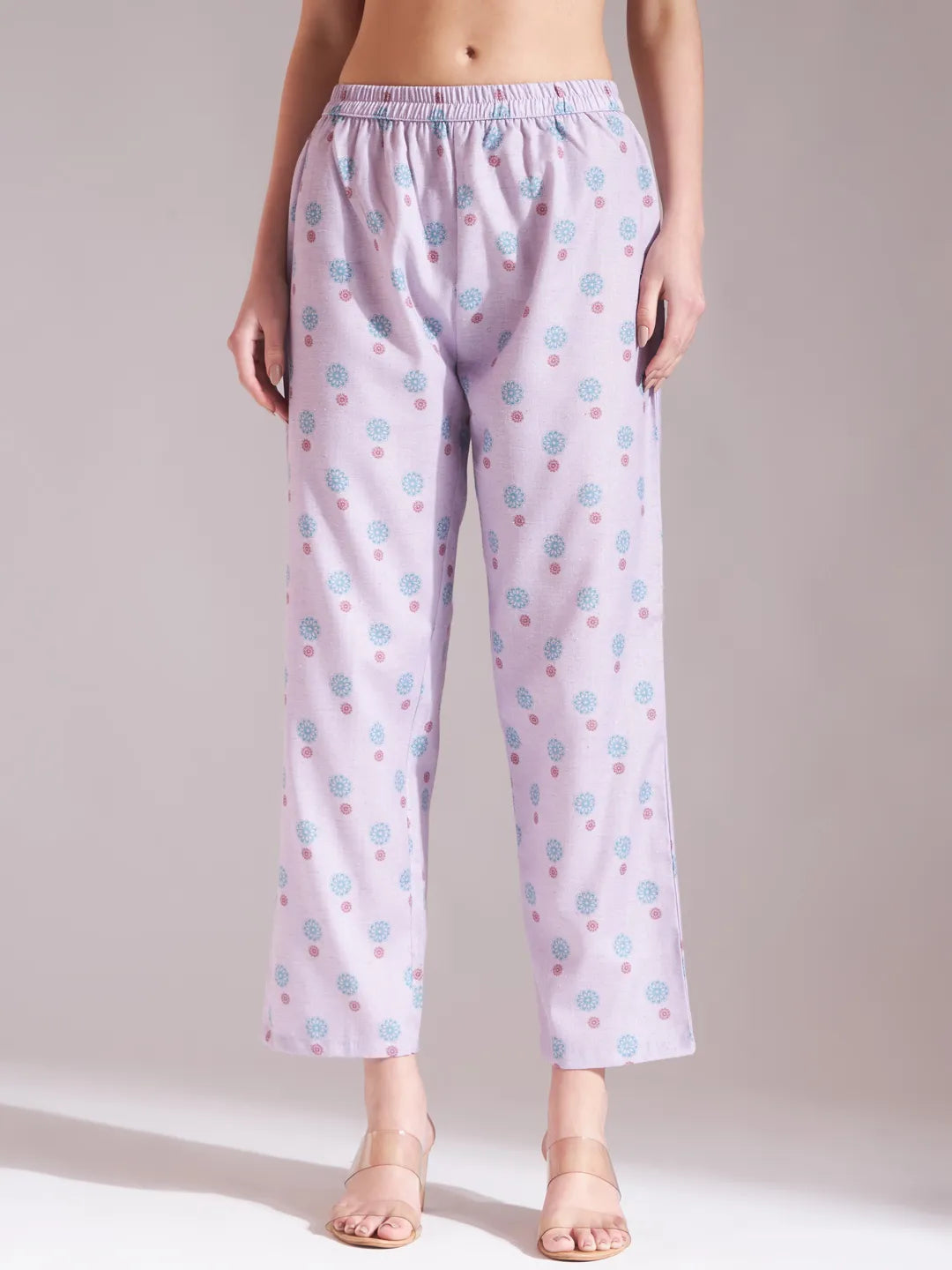 Lavender Linen Cotton Floral Sequins Work A-Line Kurta Dupatta Set