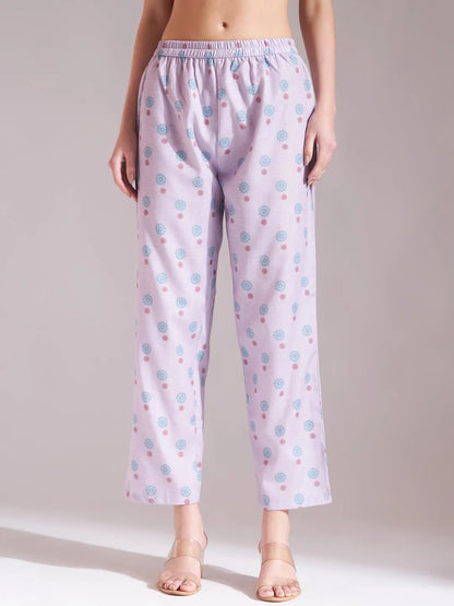 Lavender Linen Cotton Floral Sequins Work A-Line Kurta Dupatta Set