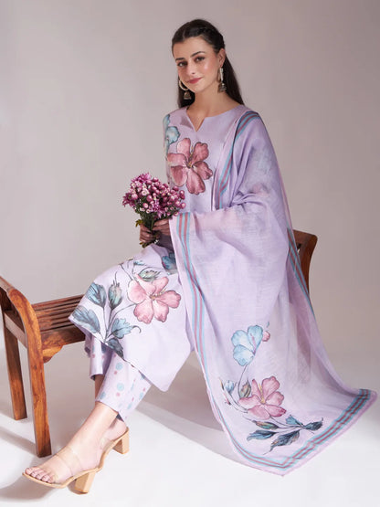 Lavender Linen Cotton Floral Sequins Work A-Line Kurta Dupatta Set