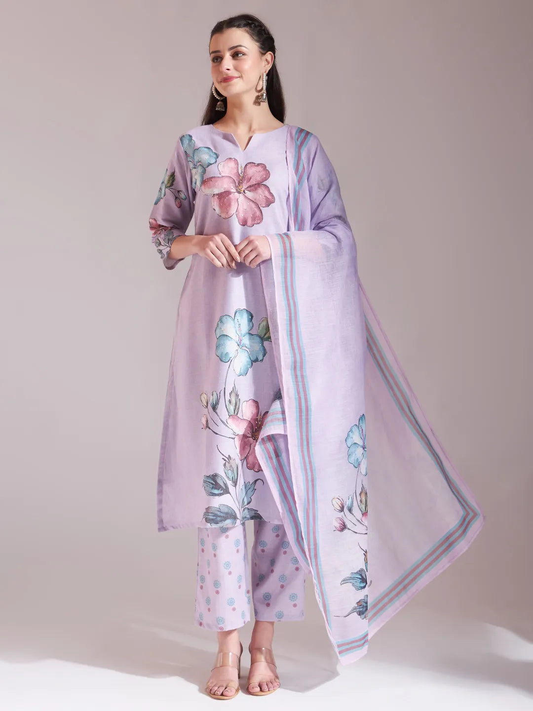 Lavender Linen Cotton Floral Sequins Work A-Line Kurta Dupatta Set