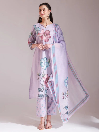 Lavender Linen Cotton Floral Sequins Work A-Line Kurta Dupatta Set