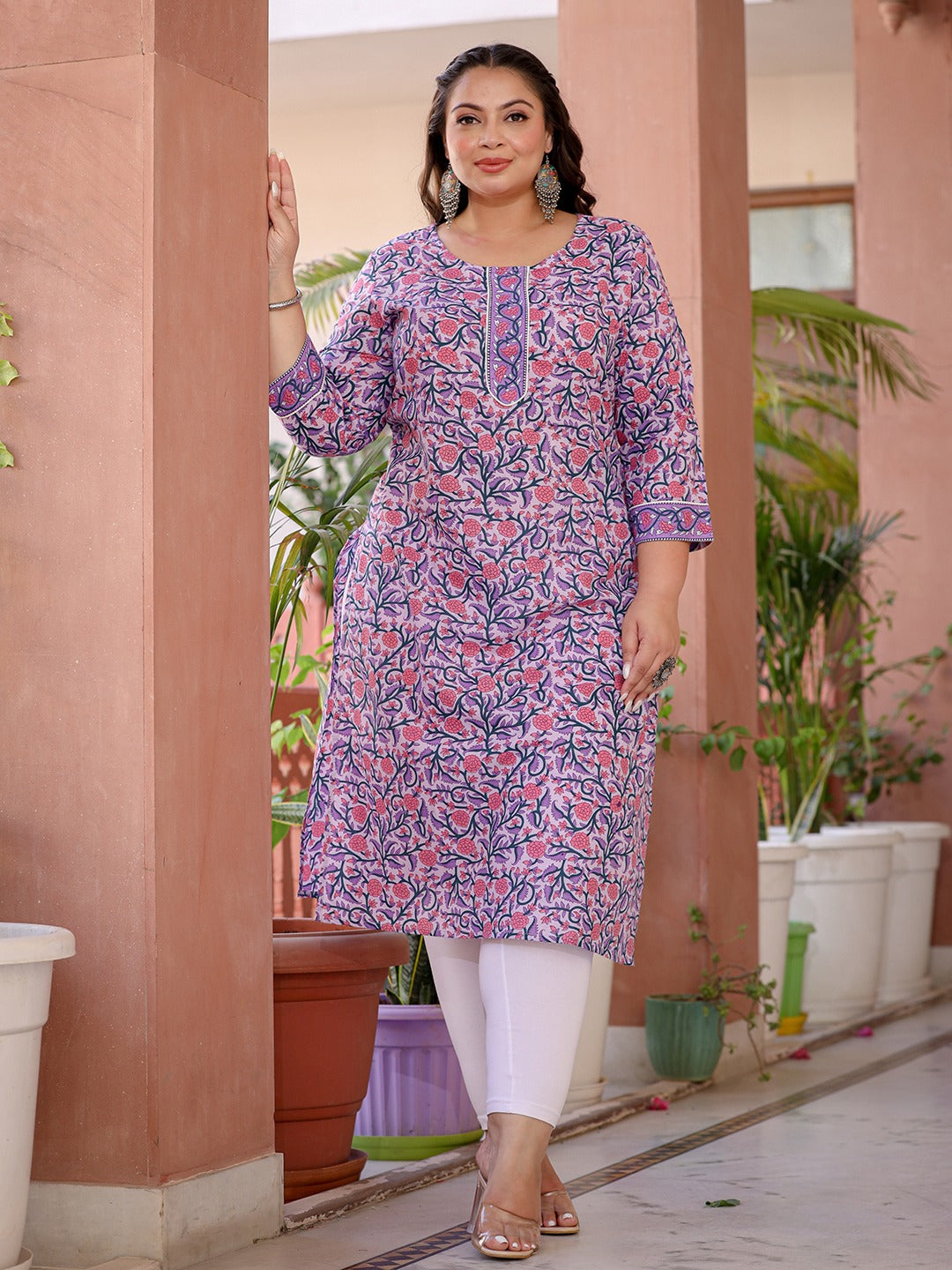 Lavender & Pink Floral Printed Plus Size Kurta