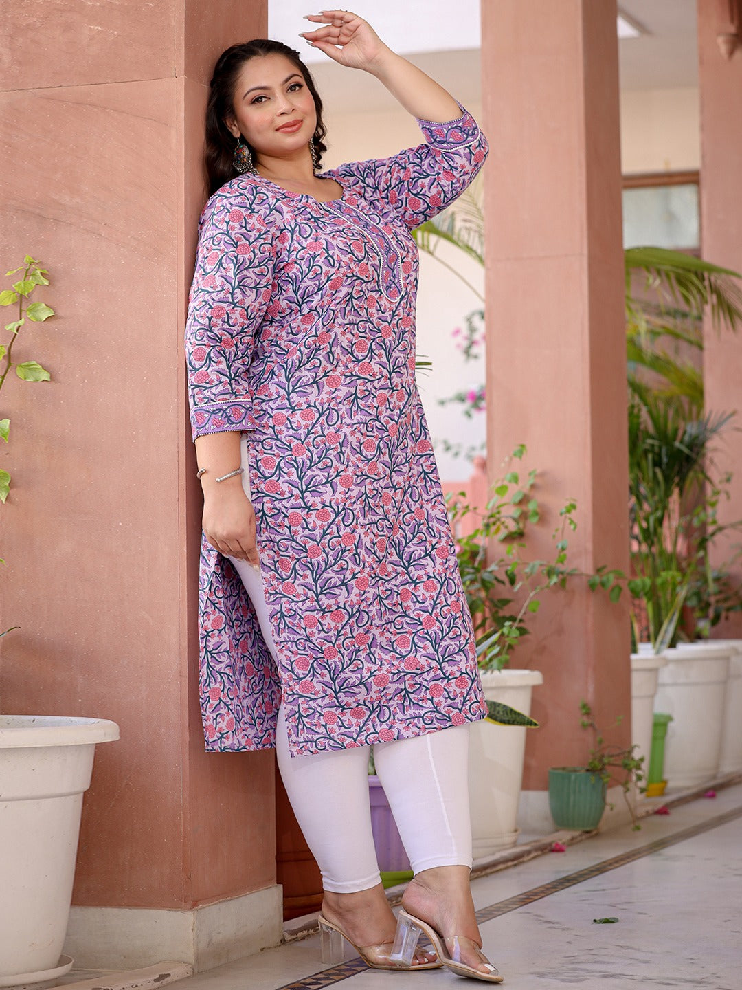 Lavender &amp; Pink Floral Printed Plus Size Kurta