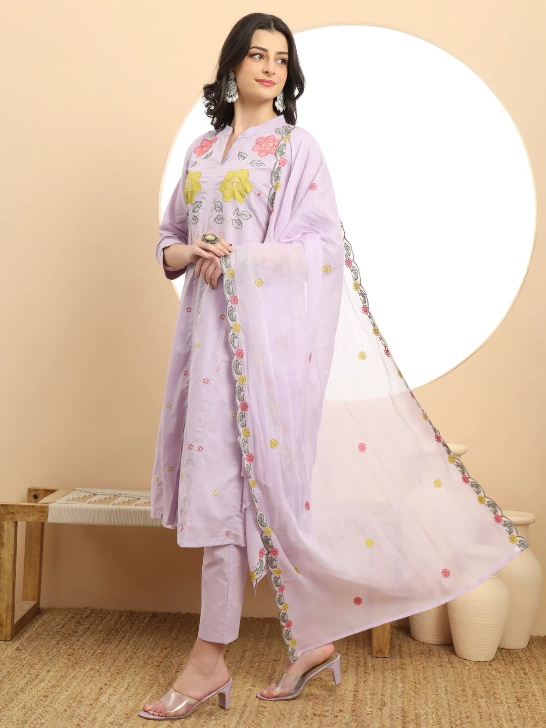 Lavender Pure Cotton A-Line Embroidered Kurta Dupatta Set