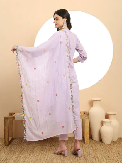 Lavender Pure Cotton A-Line Embroidered Kurta Dupatta Set