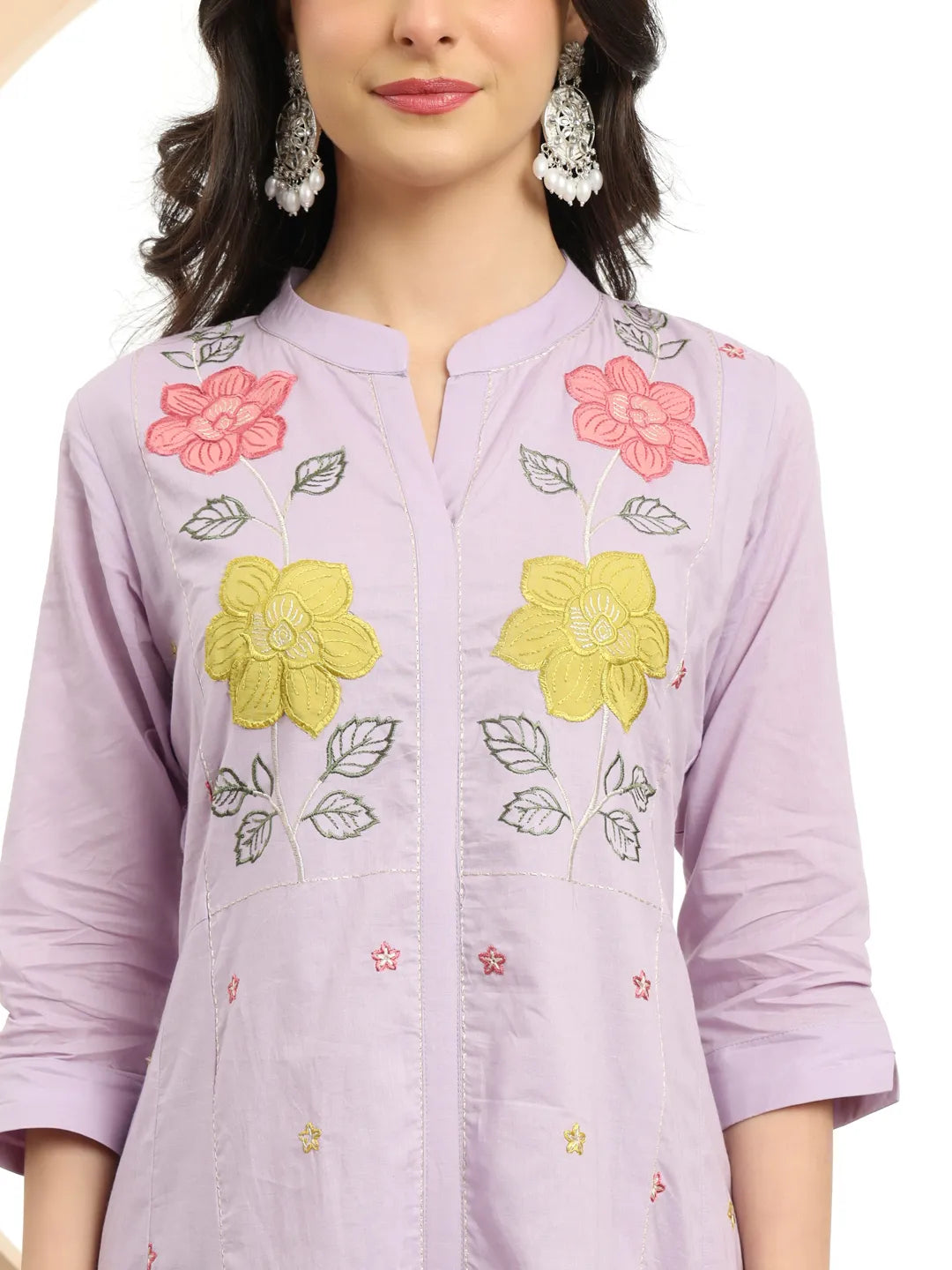 Lavender Pure Cotton A-Line Embroidered Kurta Dupatta Set