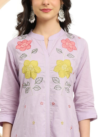 Lavender Pure Cotton A-Line Embroidered Kurta Dupatta Set