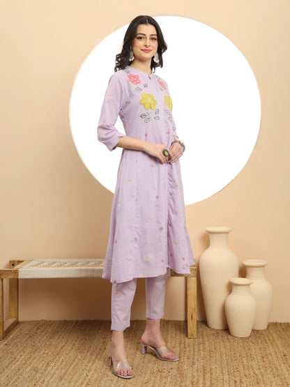 Lavender Pure Cotton A-Line Embroidered Kurta Dupatta Set