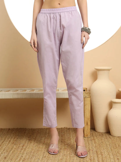 Lavender Pure Cotton A-Line Embroidered Kurta Dupatta Set