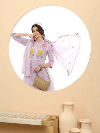 Lavender Pure Cotton A-Line Embroidered Kurta Dupatta Set
