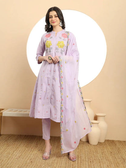 Lavender Pure Cotton A-Line Embroidered Kurta Dupatta Set