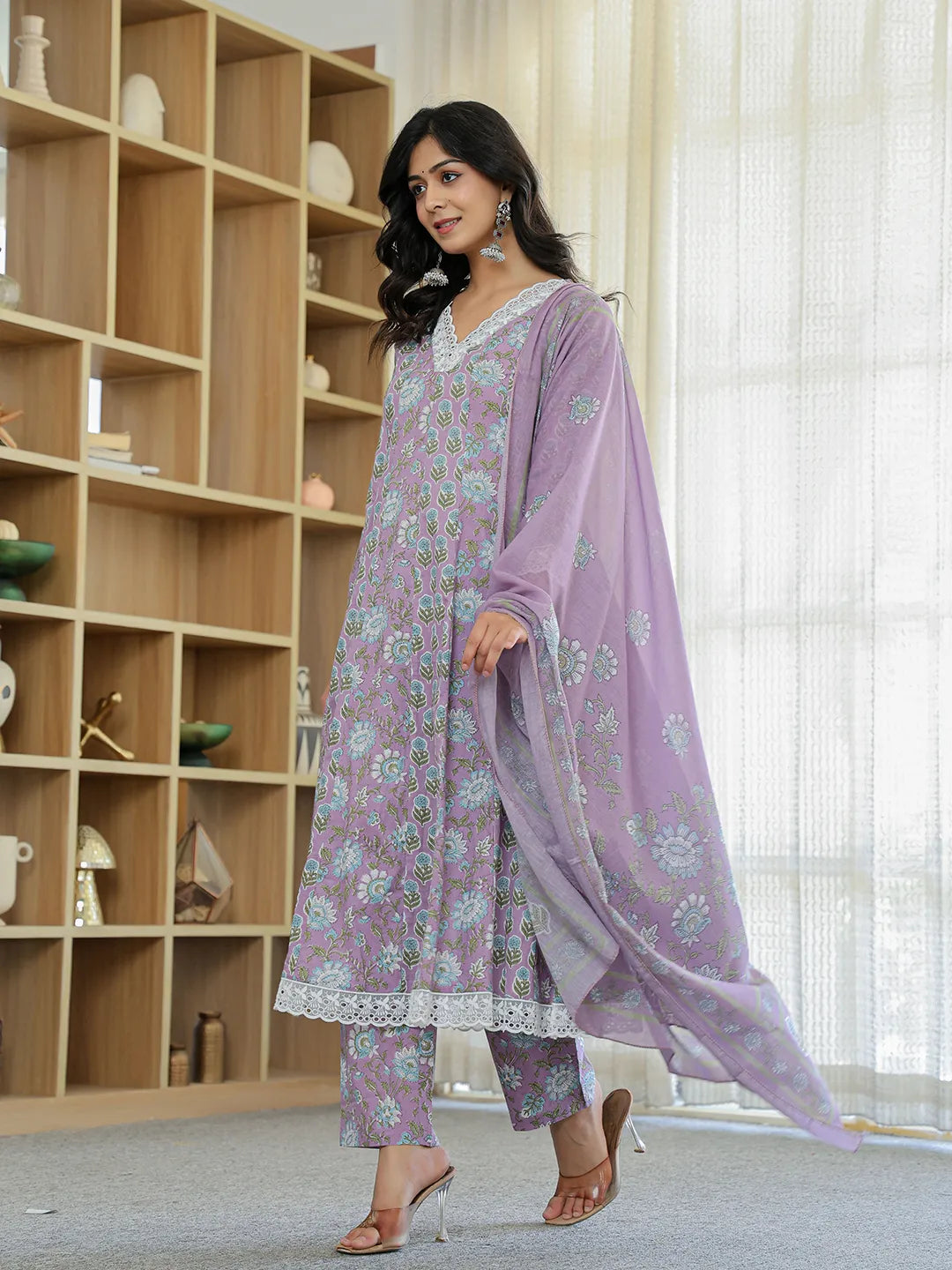 Lavender Pure Cotton Anarkali Kurta Dupatta Set With Lacework