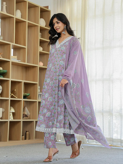 Lavender Pure Cotton Anarkali Kurta Dupatta Set With Lacework