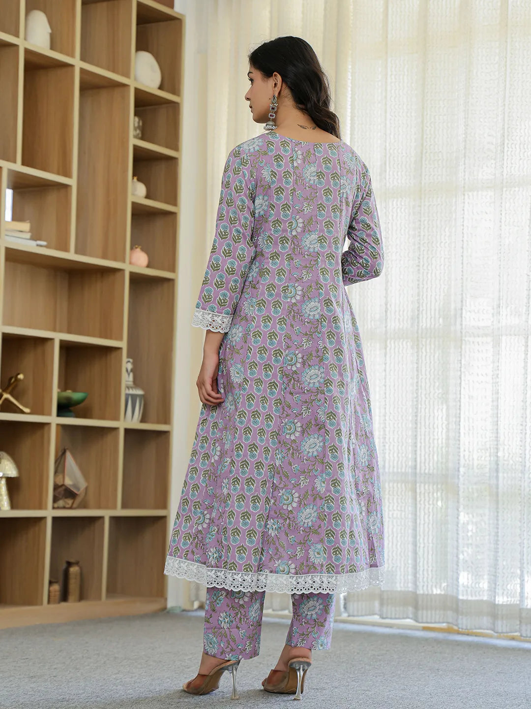 Lavender Pure Cotton Anarkali Kurta Dupatta Set With Lacework