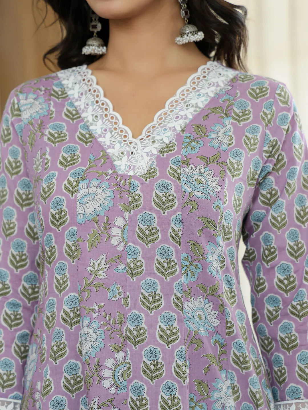 Lavender Pure Cotton Anarkali Kurta Dupatta Set With Lacework