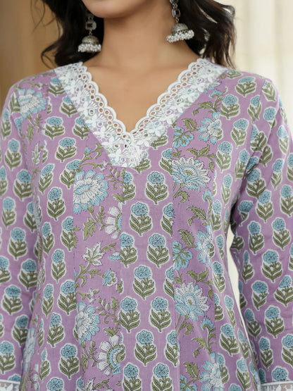 Lavender Pure Cotton Anarkali Kurta Dupatta Set With Lacework